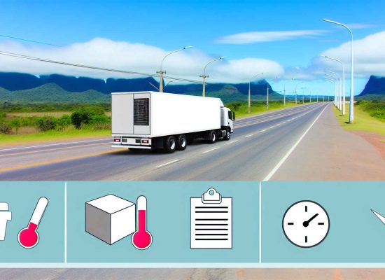 Ilustração horizontal 16:9 de um caminhão frigorífico circulando em uma rodovia brasileira, com ícones de termômetro, checklist e caixas refrigeradas, estilo profissional e limpo