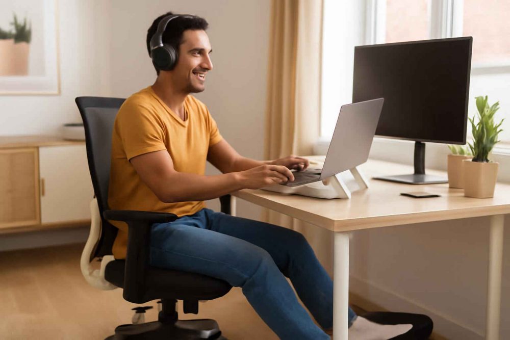 Kit home office ergonômico com notebook em suporte, cadeira ajustável, fones de ouvido e acessórios
