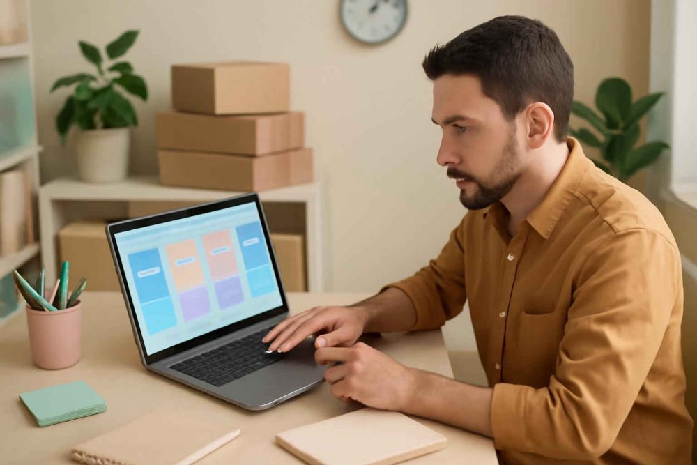 Empreendedor organizando estoque com Kanban digital no Excel