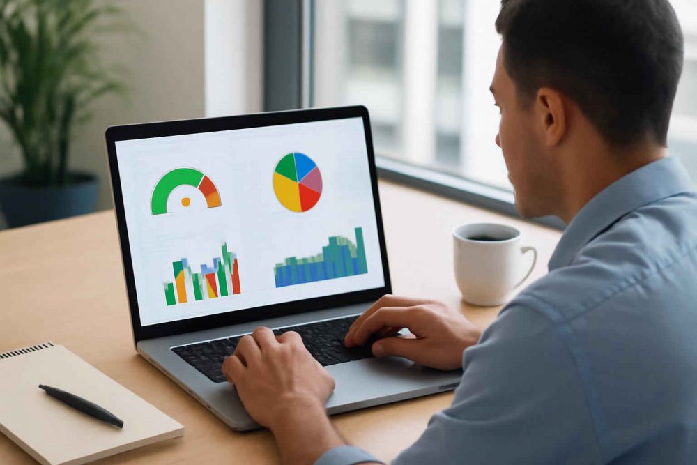 Pessoa em escritório usando laptop com dashboard de indicadores administrativos no Excel