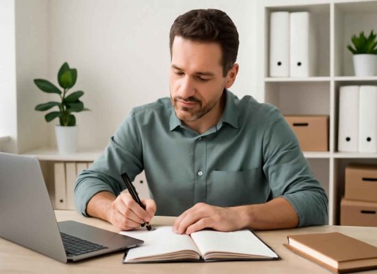 Empreendedor brasileiro elaborando manual de procedimentos operacionais padrão em um escritório de microempresa