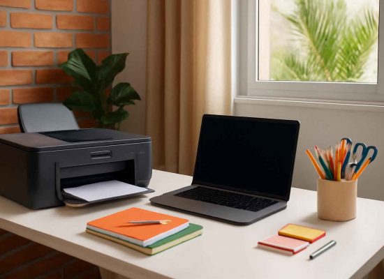 Mesa de escritório com impressora multifuncional, laptop e materiais de escritório organizados