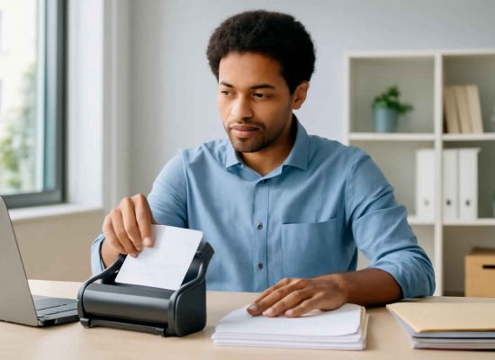 microempreendedor usando scanner de documentos em escritório organizado