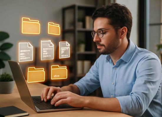Empreendedor organizando notas fiscais eletrônicas no computador