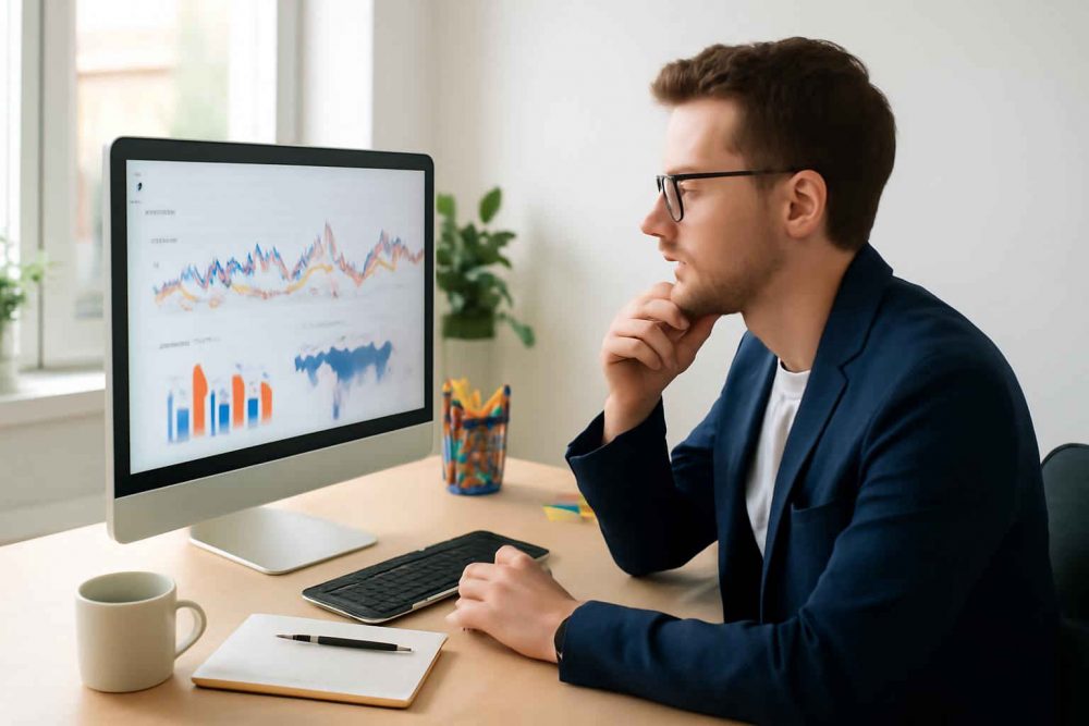 Empreendedor em escritório analisando dados do Google Trends em tela grande