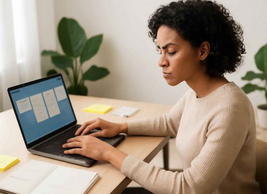 Profissional trabalhando com Trello em home office organizado