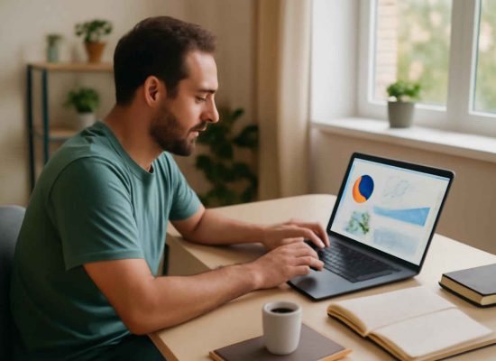 Empreendedor brasileiro utilizando CRM gratuito em laptop em home office