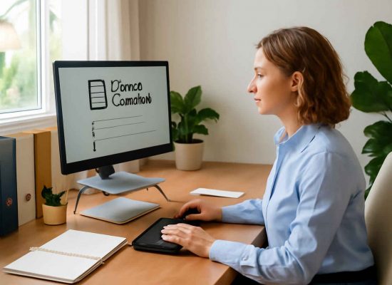 Profissional administrativo gerenciando contratos digitais em escritório moderno