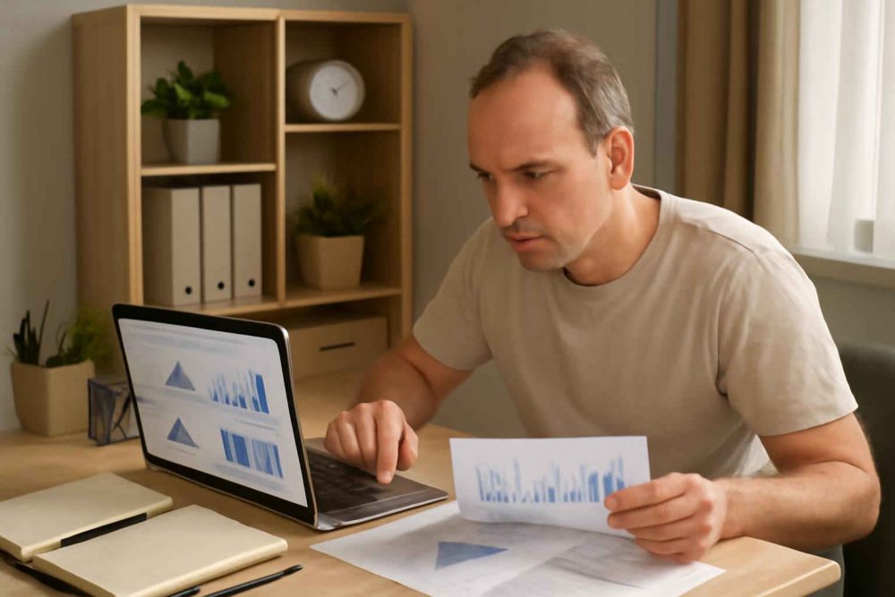 Microempreendedor analisando gráficos de previsão de vendas em planilhas no escritório em casa