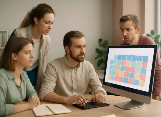 Ilustração de equipe de microempresa analisando matriz RACI em escritório moderno