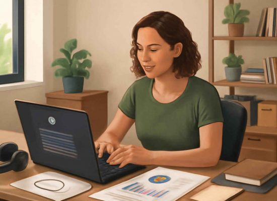Microempresária utilizando ChatGPT em escritório doméstico